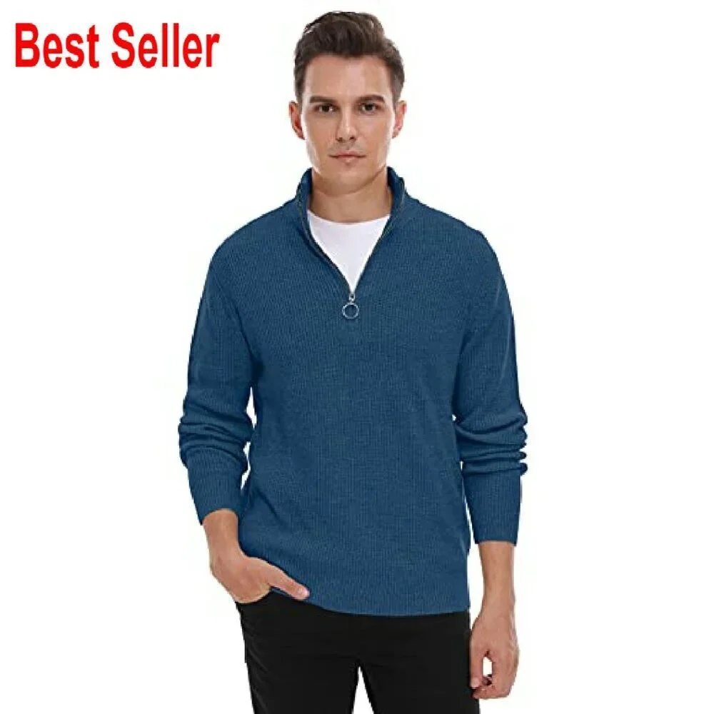 Quarter Zip Turtleneck Sweater Classic Ribbed Pullover Soft Knit Men's